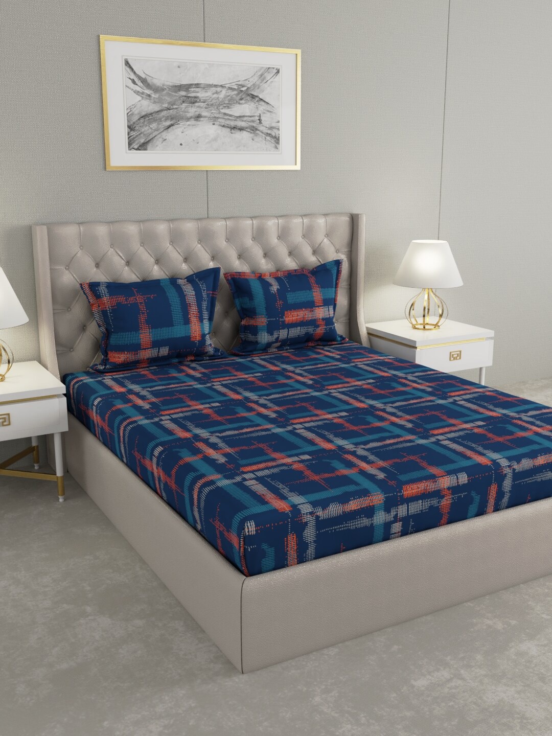 Raymond Home Blue & Orange 100 TC King Bedsheet with 2 Pillow Covers