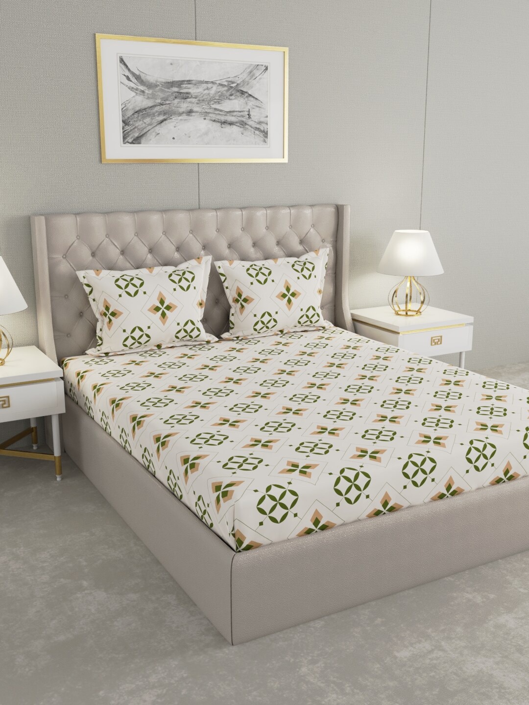 Raymond Home Green & Off White Geometric 100 TC King Bedsheet with 2 Pillow Covers