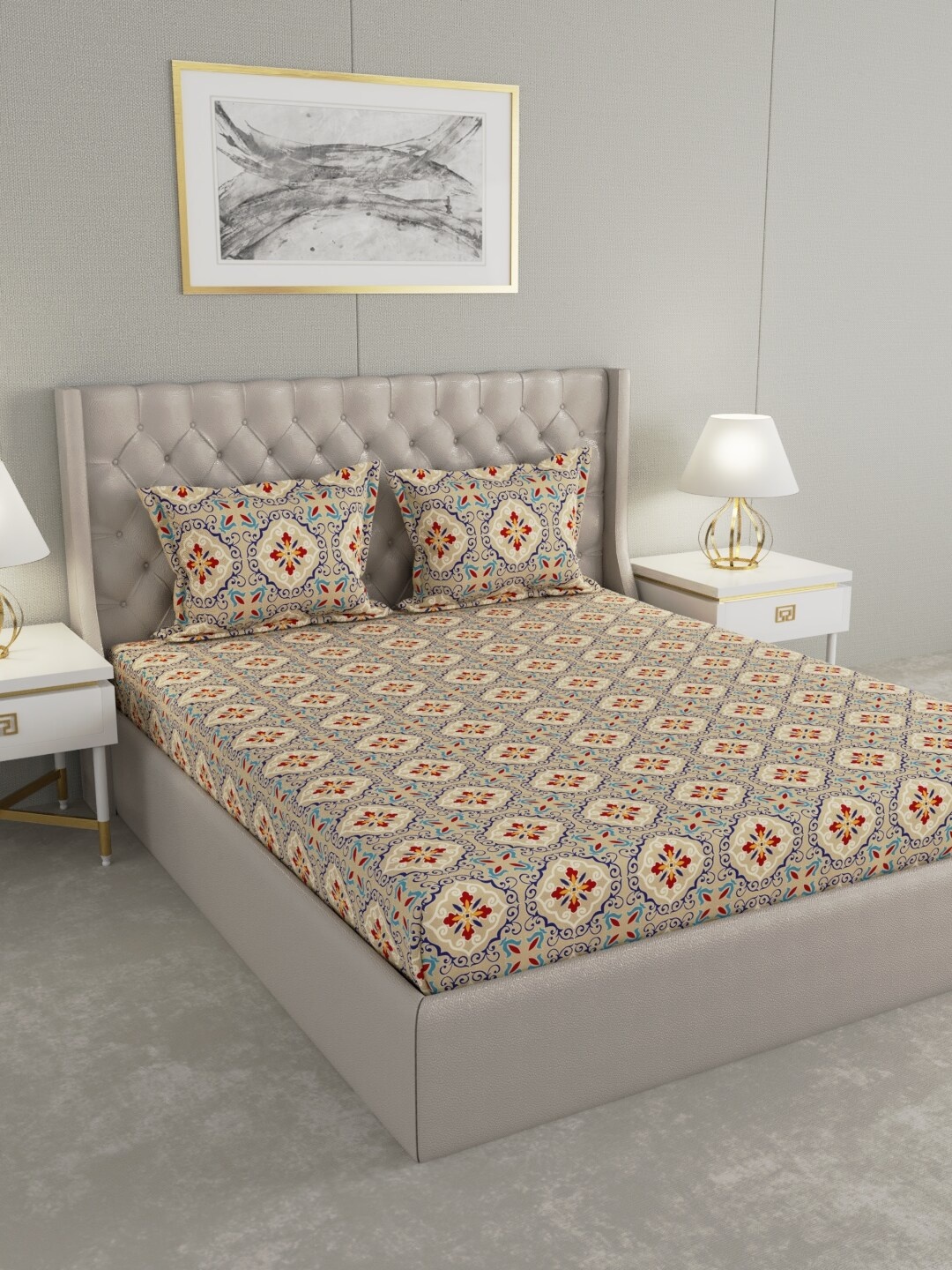 Raymond Home Gold-Toned & Blue Ethnic Motifs 100 TC King Bedsheet with 2 Pillow Covers
Raymond Home Gold-Toned & Blue Ethnic Motifs 100 TC King Bedsheet with 2 Pillow Covers