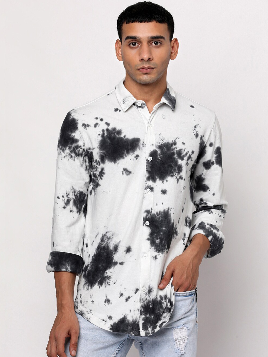 YOONOY Men Comfort Slim Fit Printed Cotton Casual Shirt, White