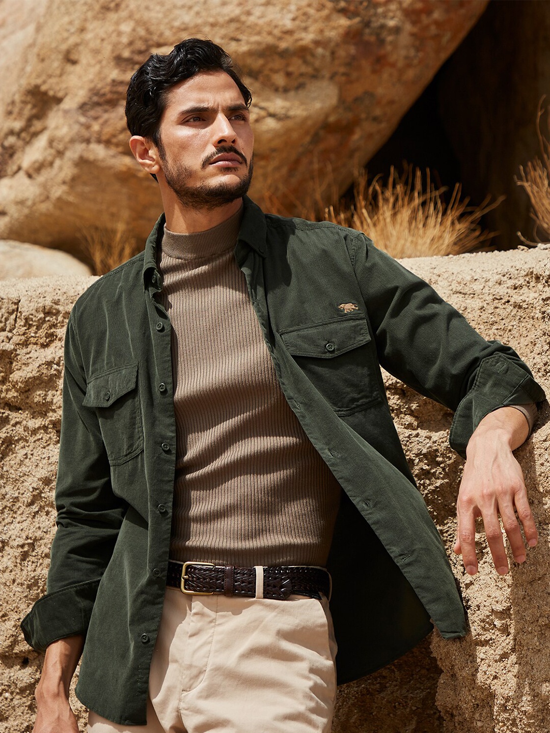 Andamen Men Olive Green Classic Casual Cotton Shirt
