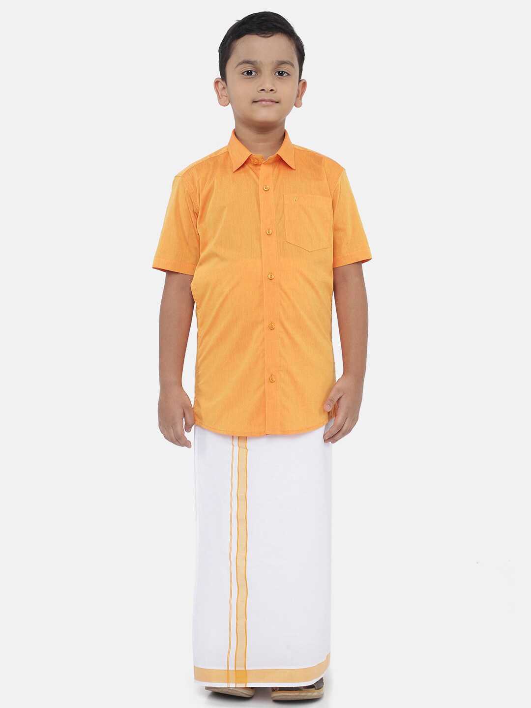 Ramraj Boys Pure Cotton Orange Ethnic Shirt with White Dhoti