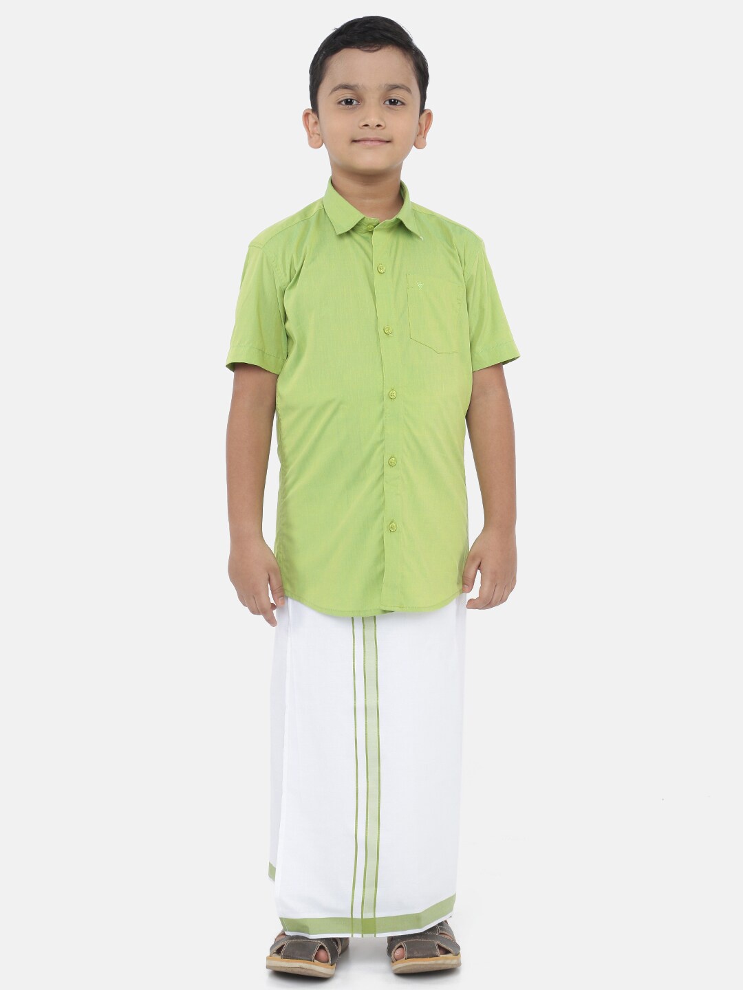 Ramraj Boys Pure Cotton Green Ethnic Shirt with White Dhoti