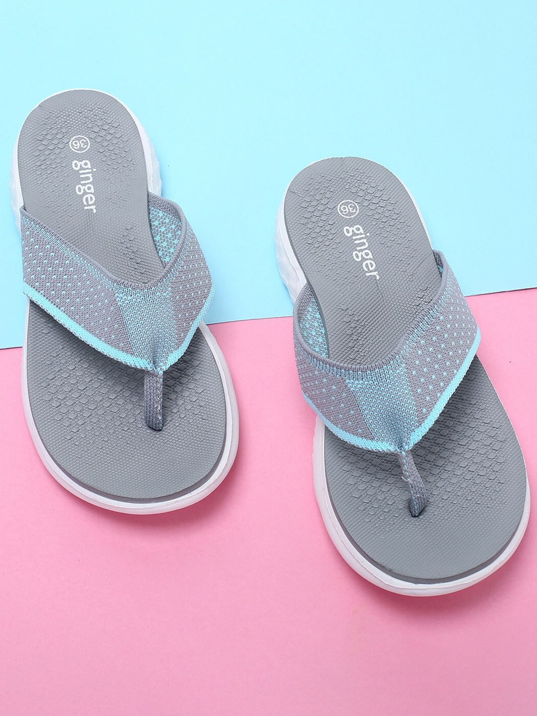 Ginger by Lifestyle Women Grey & Blue Printed Synthetic Thong Flip-Flops