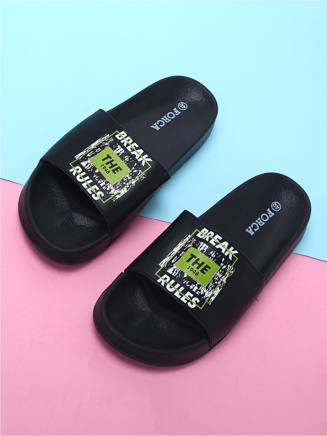 Forca Men Black & Green Printed Synthetic Sliders
