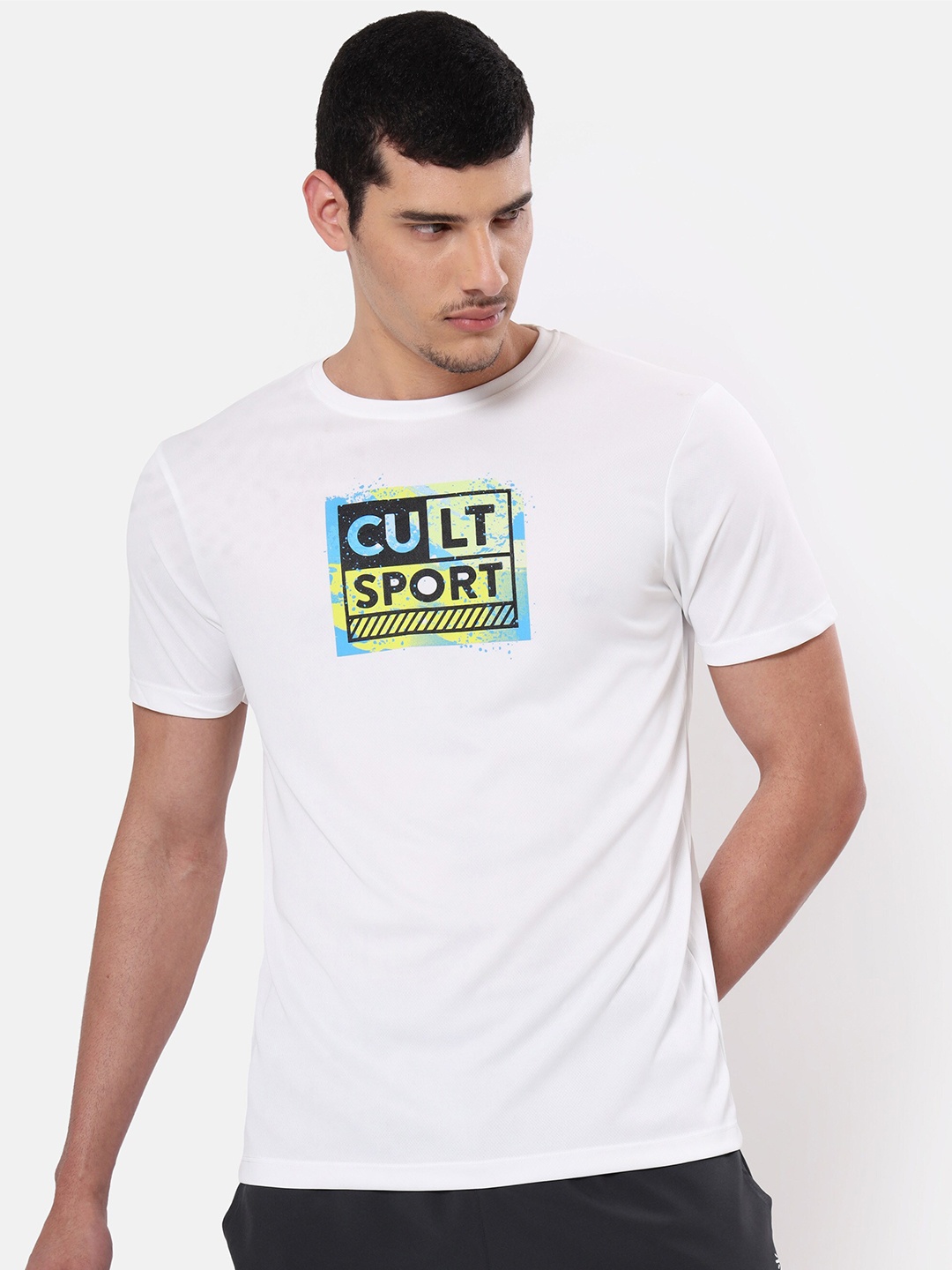 Cultsport Men White & Blue Typography Printed Moisture Wicking T-shirt