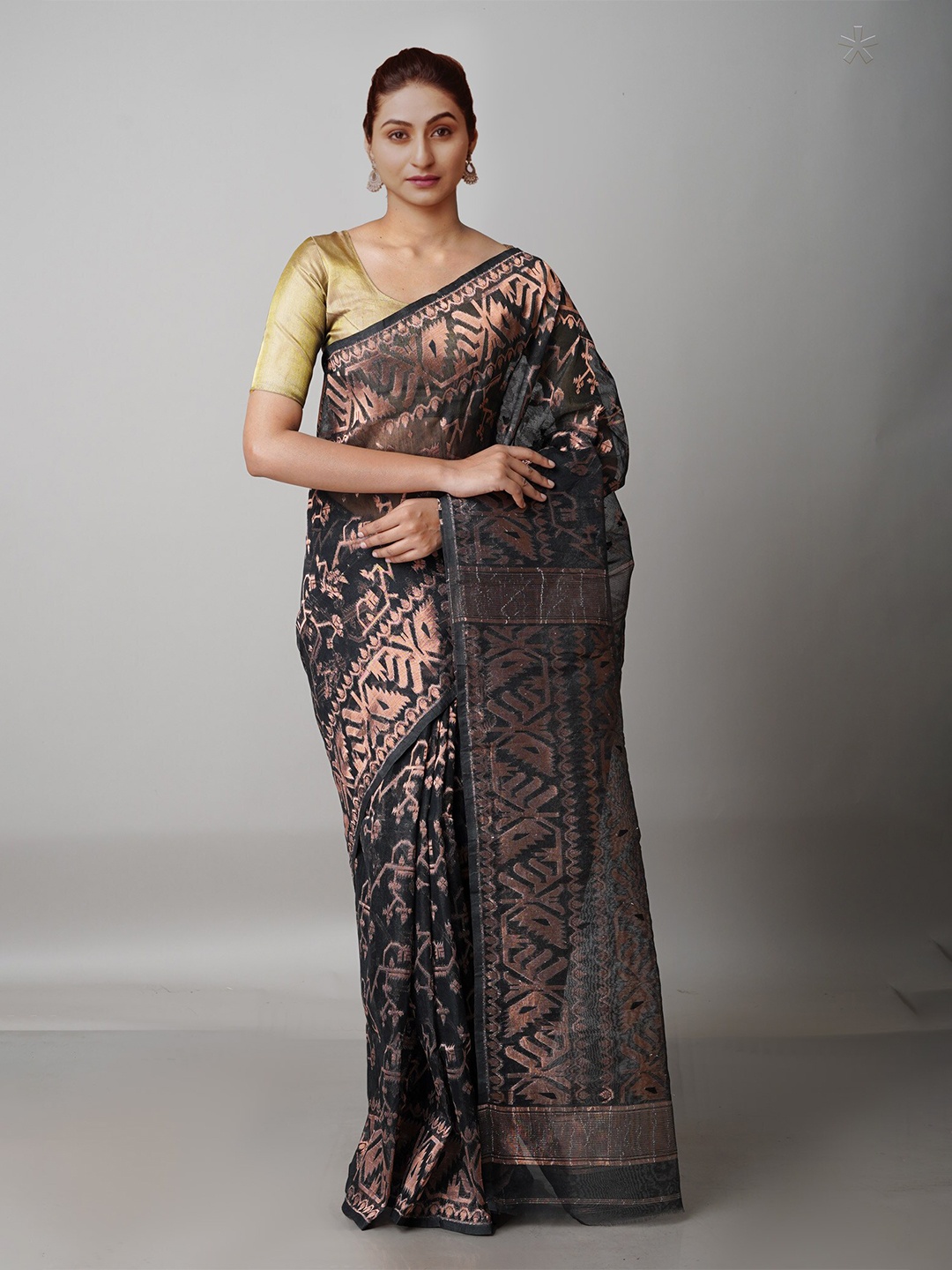 Unnati Silks Black & Copper-Toned Zari Pure Cotton Handloom Jamdani Saree