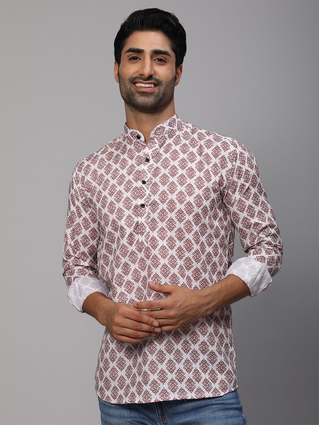 Vastrasky Global Men White & Brown Comfort Printed Cotton Casual Shirt