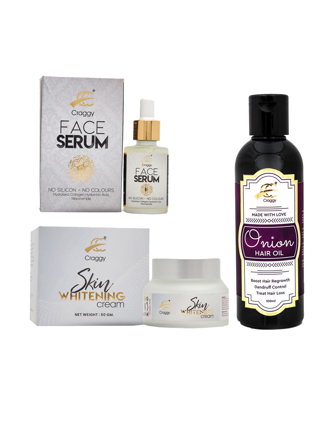 Craggy Cosmetic Pack of 3 Hyaluronic Face Serum + Skin Whitening Cream & Onion Hair Oil, White
Craggy Cosmetic Pack of 3 Hyaluronic Face Serum + Skin Whitening Cream & Onion Hair Oil, White