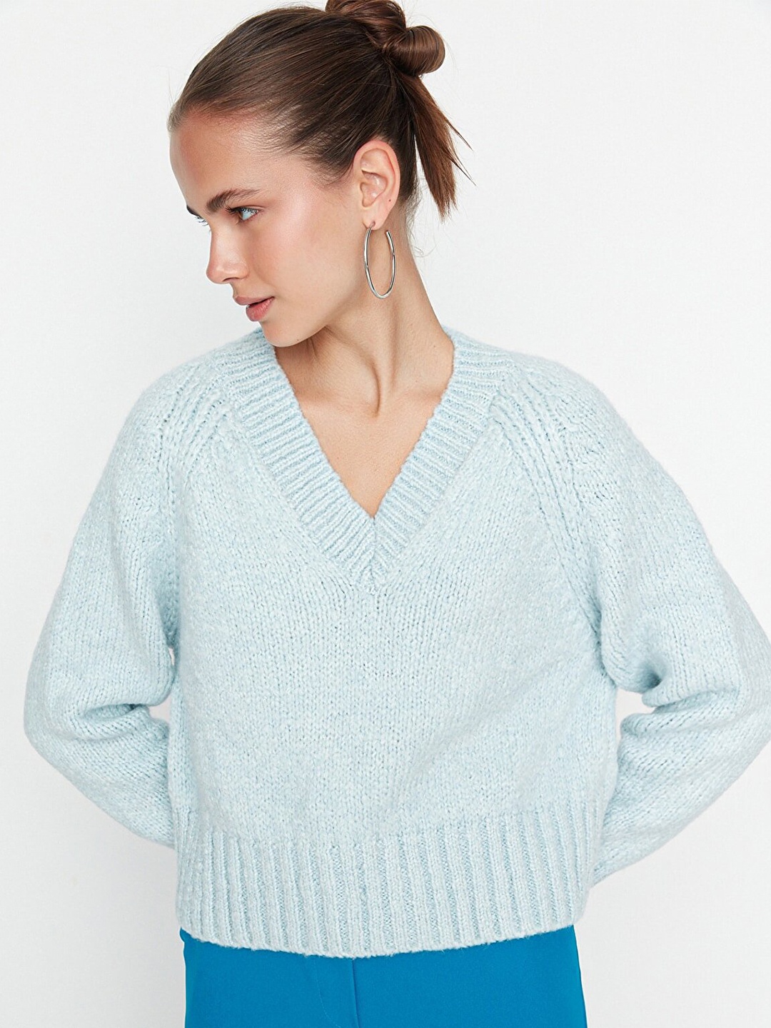 Trendyol Women Blue Cable Knit Pullover
