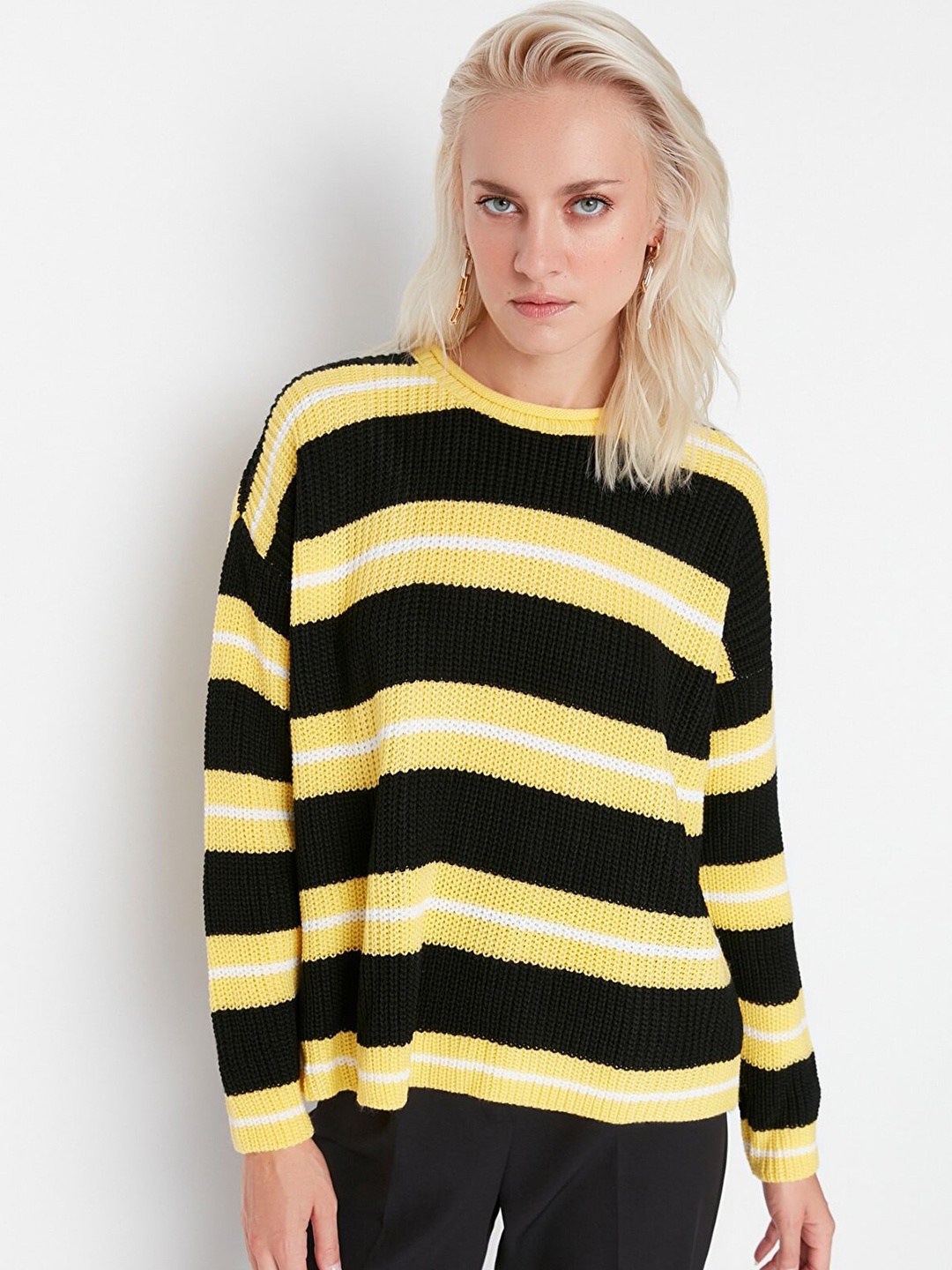Trendyol Women Black & Yellow Striped Pullover