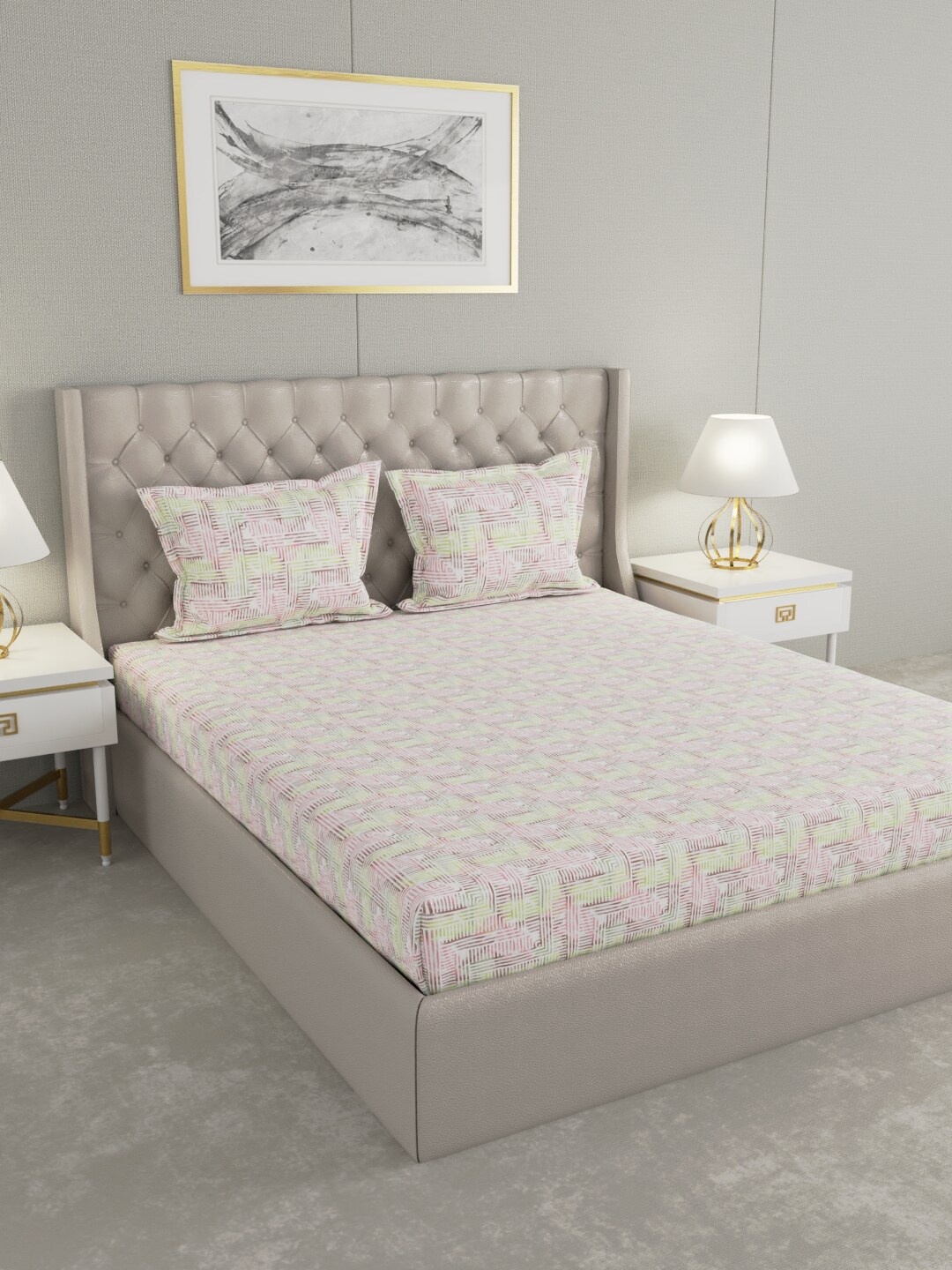 Raymond Home White & Pink Geometric 104 TC Cotton King Bedsheet with 2 Pillow Covers
Raymond Home White & Pink Geometric 104 TC Cotton King Bedsheet with 2 Pillow Covers