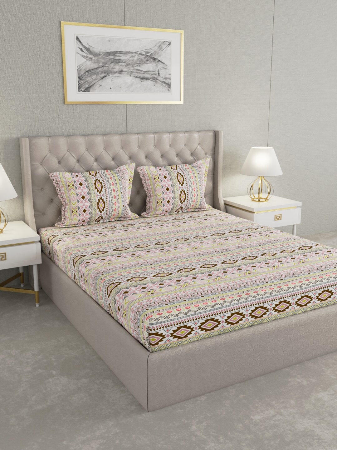 Raymond Home White & Peach Geometric 104 TC Cotton King Bedsheet with 2 Pillow Covers
Raymond Home White & Peach Geometric 104 TC Cotton King Bedsheet with 2 Pillow Covers