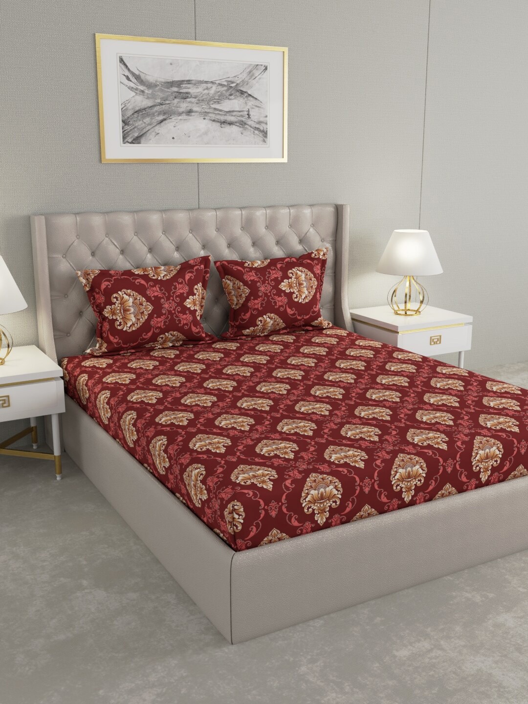 Raymond Home Maroon & Off White Ethnic Motifs Printed Pure Cotton 104 TC King Bedsheet with 2 Pillow Covers
Raymond Home Maroon & Off White Ethnic Motifs Printed Pure Cotton 104 TC King Bedsheet with 2 Pillow Covers