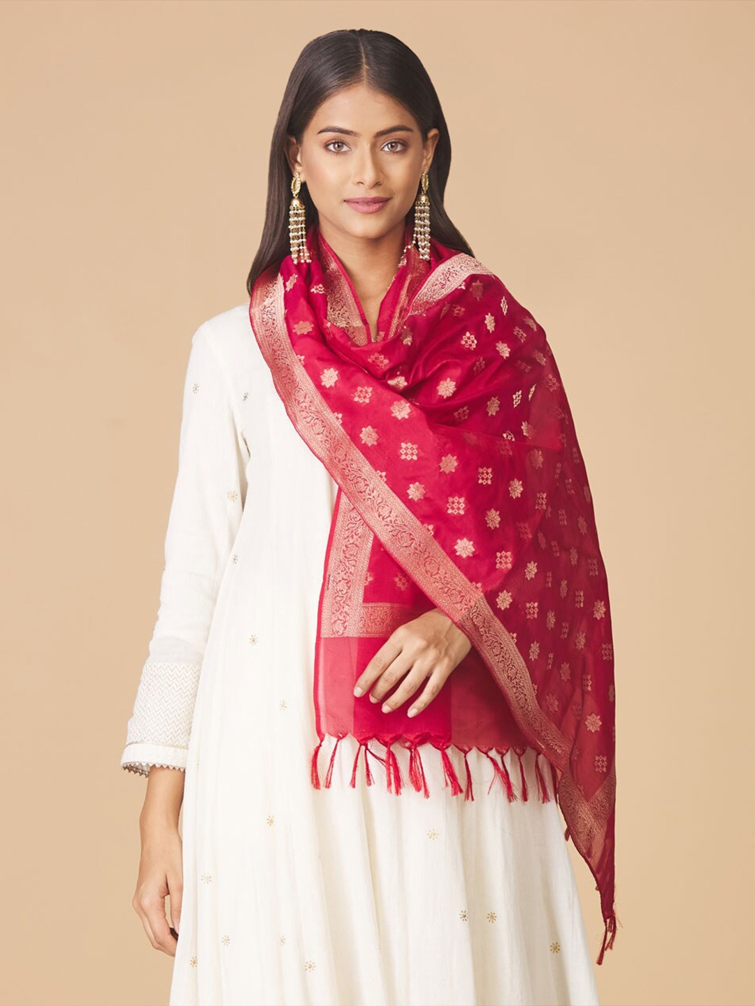 Fabindia Women Pink & Green Woven Design Stole