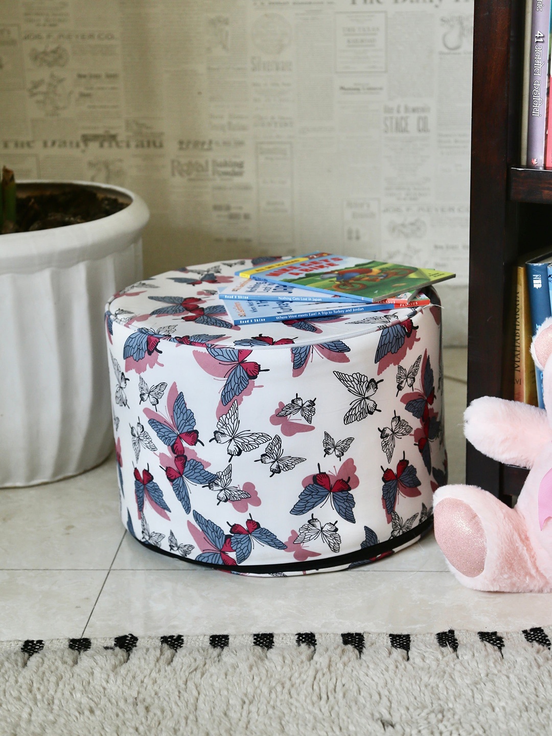 My Gift Booth Kids White & Blue Printed Cotton Ottomans