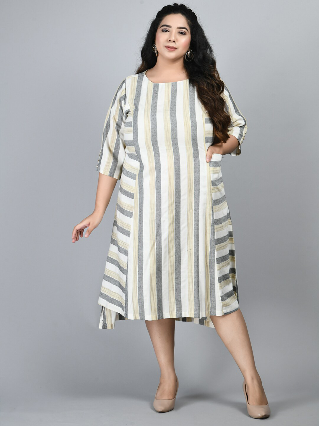 PrettyPlus by Desinoor.com Plus Size Grey & White Striped A-Line Midi Dress 
PrettyPlus by Desinoor.com Plus Size Grey & White Striped A-Line Midi Dress