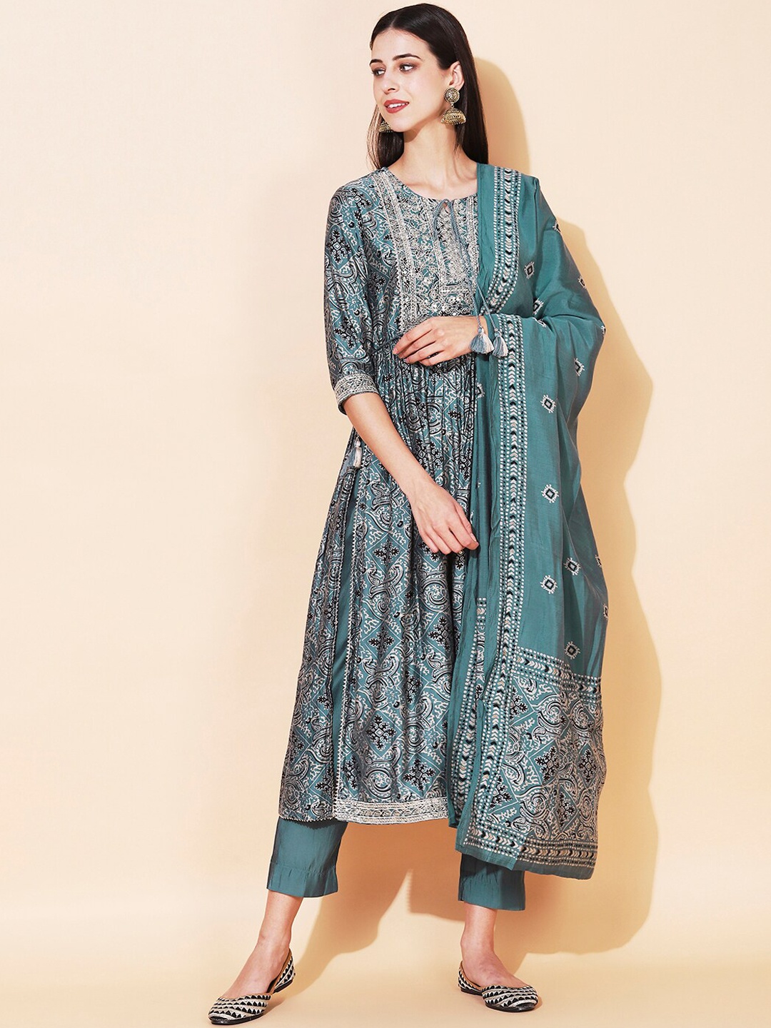 FASHOR Women Green Ethnic Motifs Printed Pleated Thread Work Kurta with Trousers & With Dupatta
FASHOR Women Green Ethnic Motifs Printed Pleated Thread Work Kurta with Trousers & With Dupatta