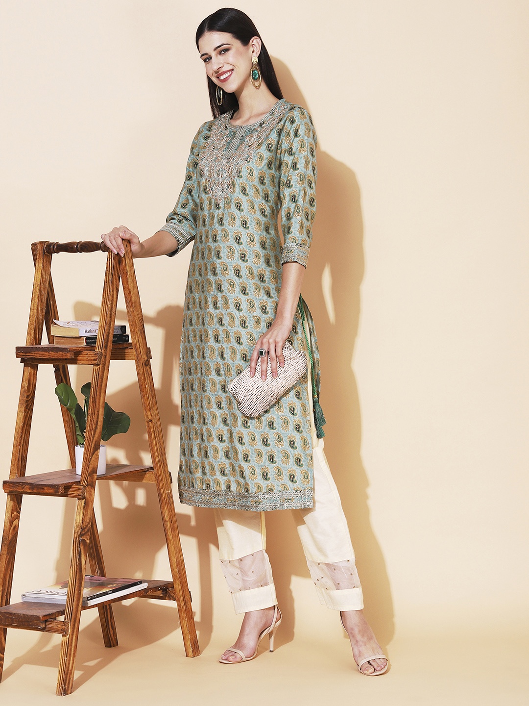 FASHOR Paisley Printed Thread Work Kurta, Green