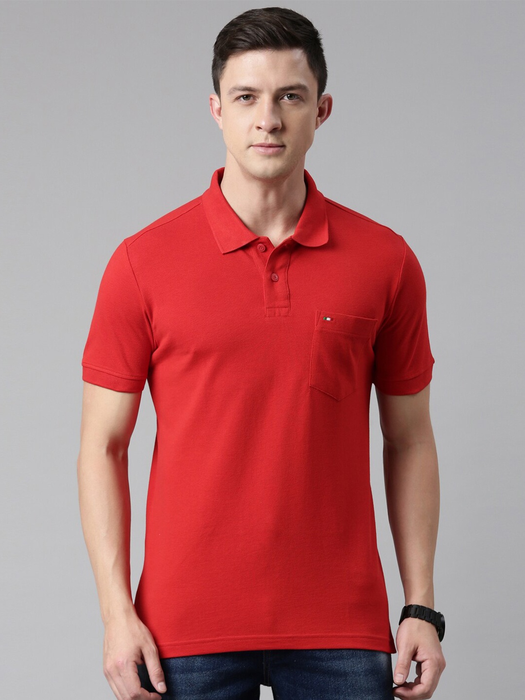 FASO Men Red Solid Polo Collar T-shirt