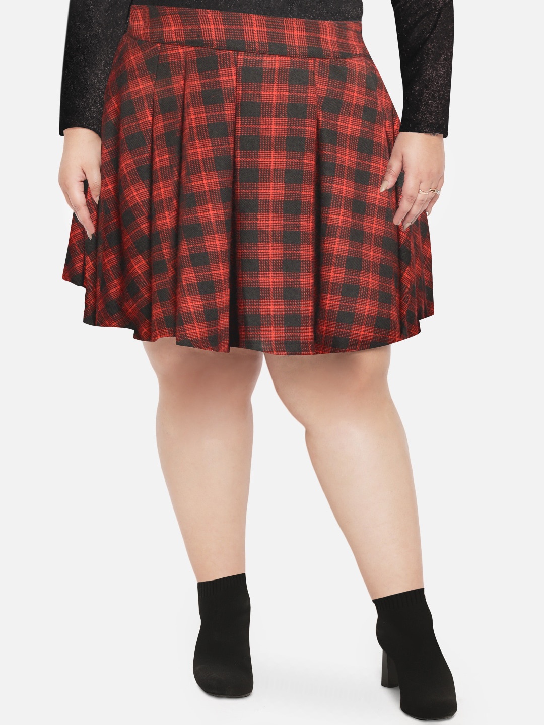 wild U Women Red Checked & Pleated Woolen Plus Size Skirts