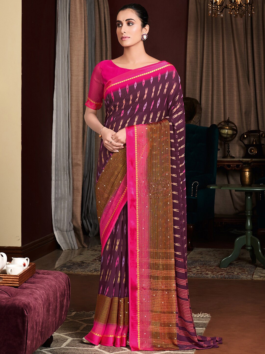 Saree mall Purple & Brown Bagh Silk Blend Bagh Sarees
