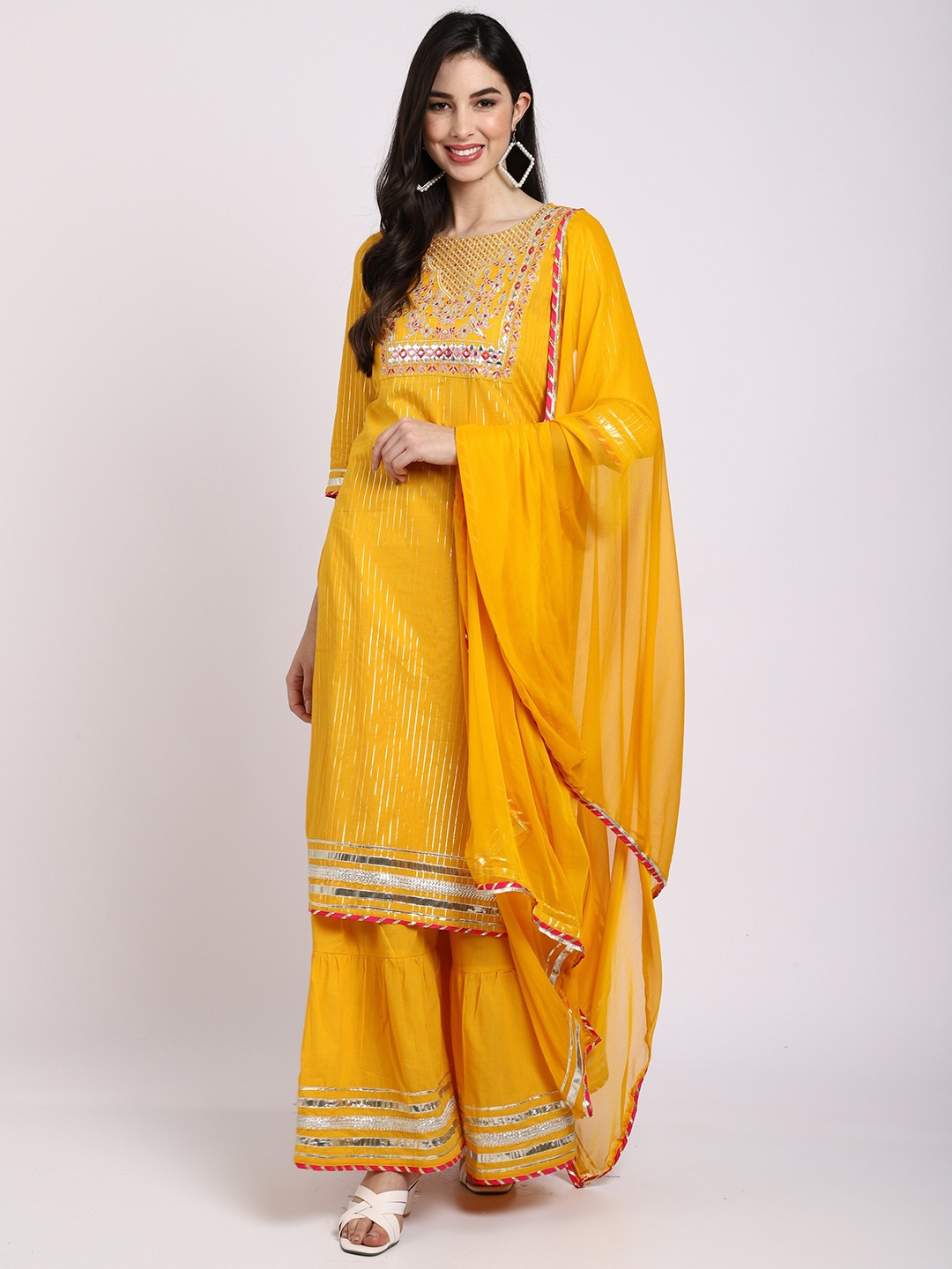 Rajnandini Women Yellow Floral Embroidered Gotta Patti Pure Cotton Kurta with Sharara & With Dupatta
Rajnandini Women Yellow Floral Embroidered Gotta Patti Pure Cotton Kurta with Sharara & With Dupatta