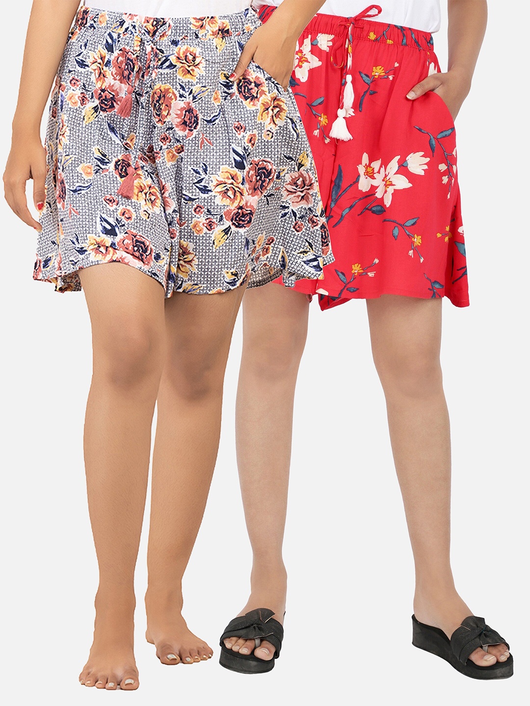 BStories Women Red & Blue Pack of 2 Printed Lounge Shorts