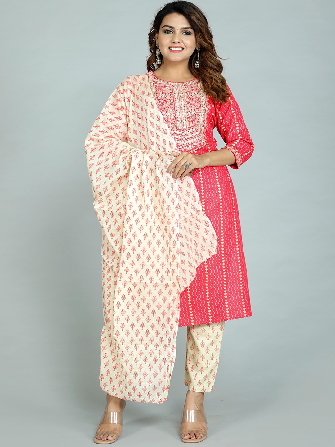 gvs shoppe Women Pink Ethnic Motifs Printed Thread Work Kurta with Trousers & With Dupatta