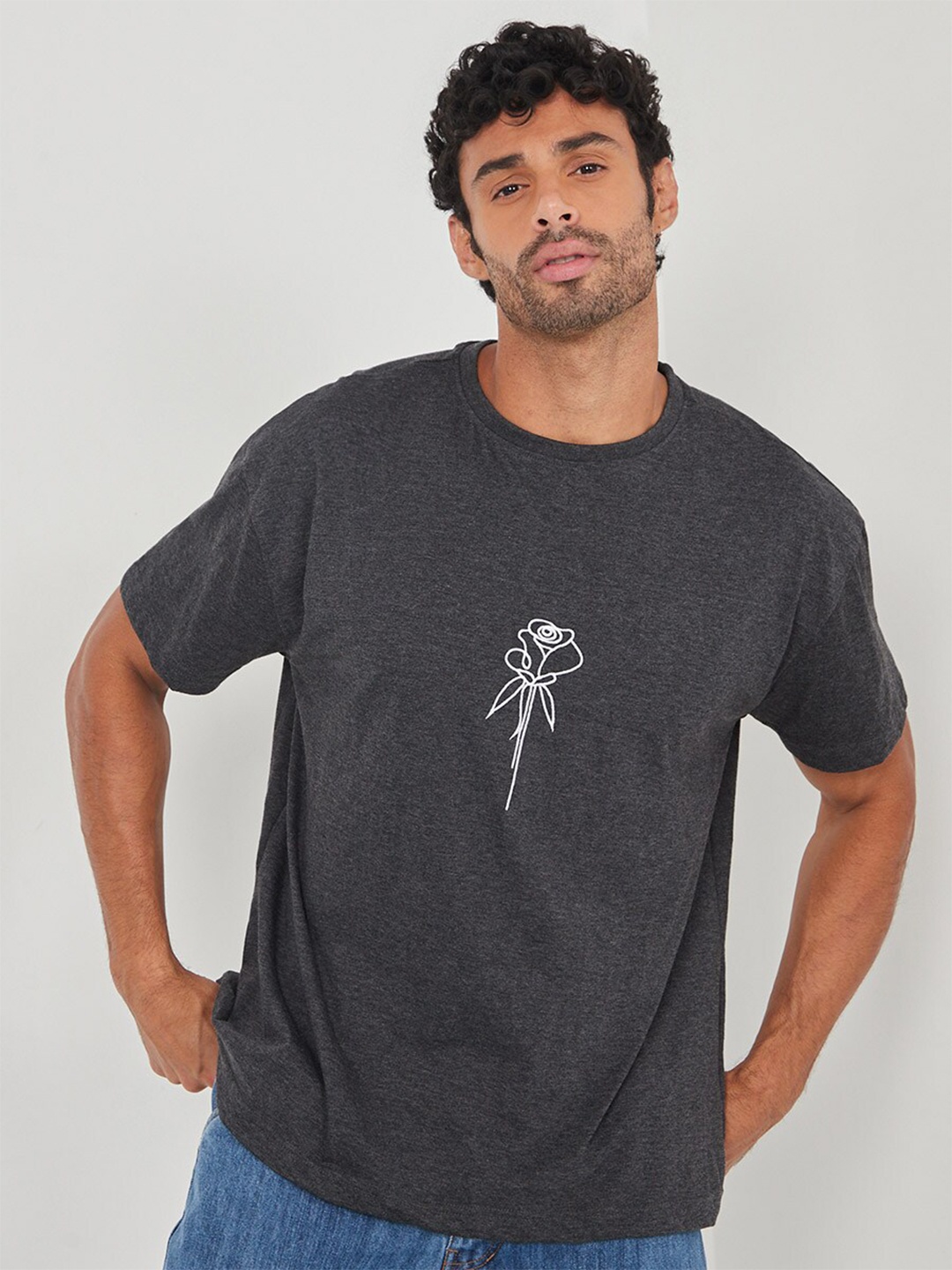 Styli Charcoal Relaxed Fit Cotton T-shirt