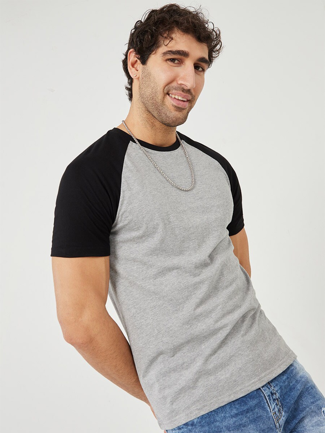 Styli Raglan Sleeves Colourblocked Crew Neck T-Shirt, Grey