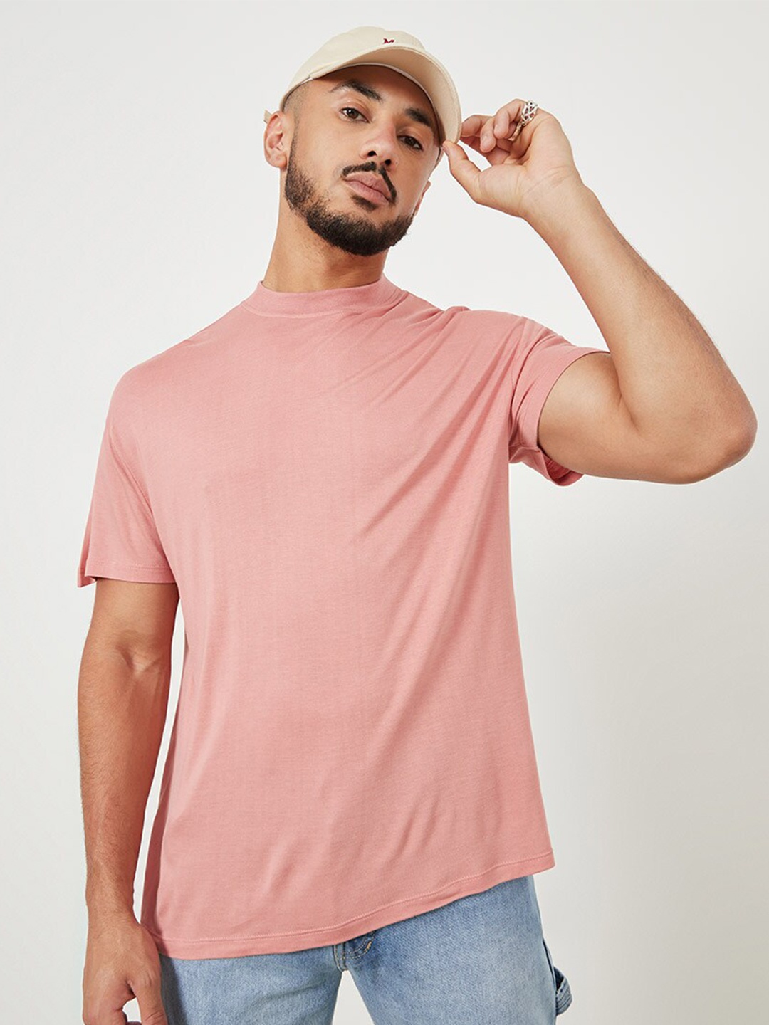 Styli Ribbed Oversized Cotton T-shirt, Pink