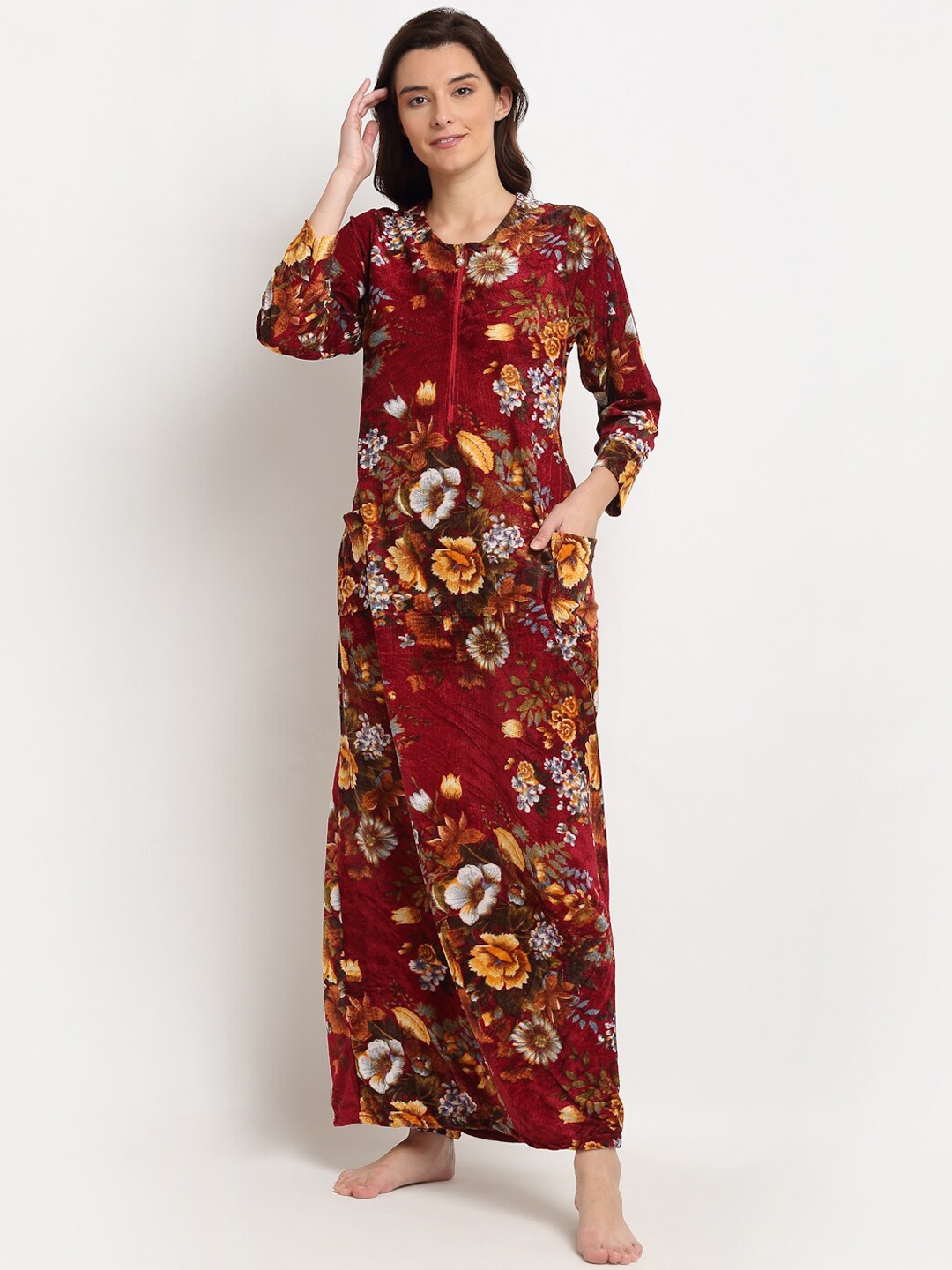 GRACIT Red Printed Maxi Nightdress