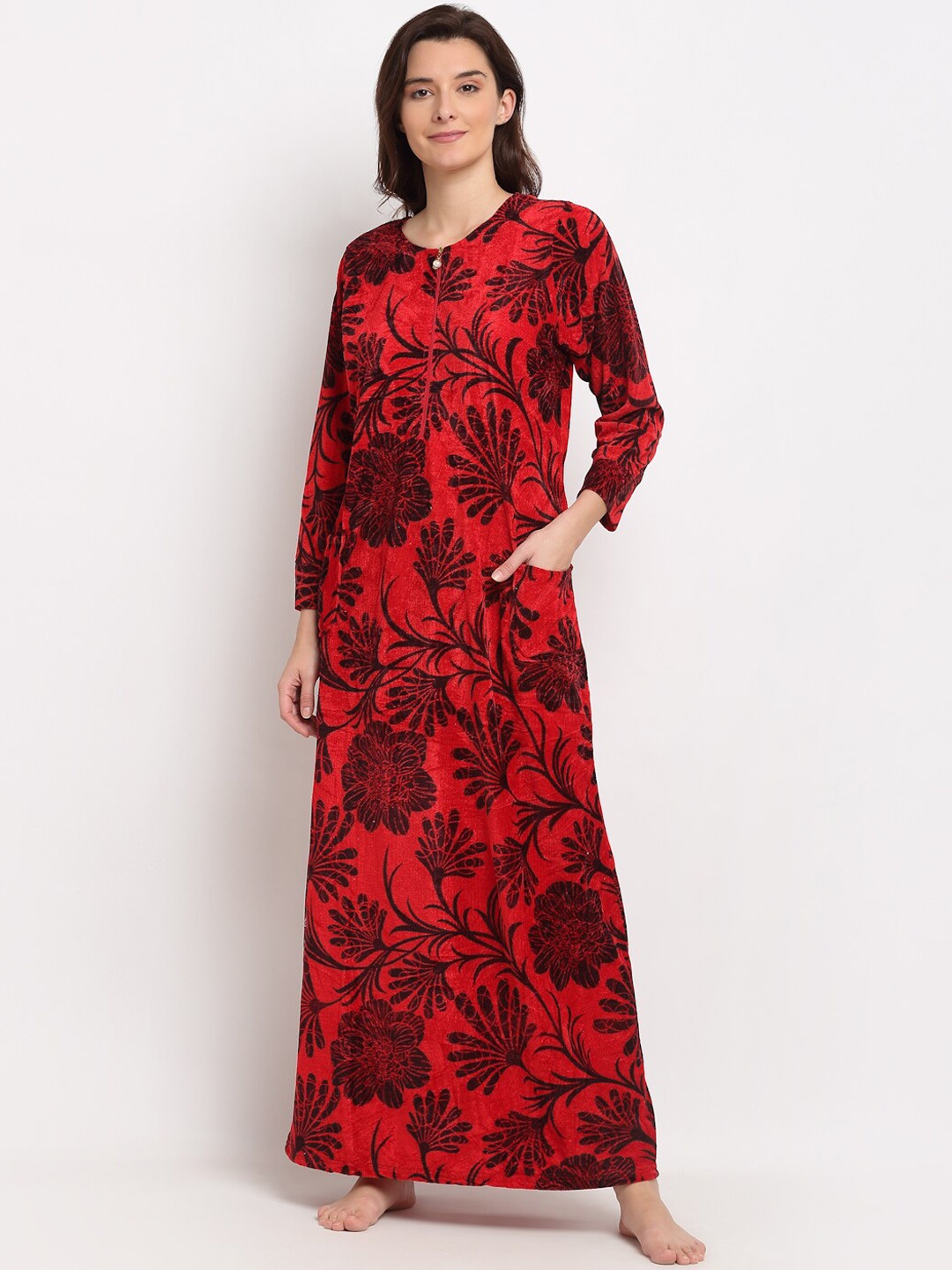 GRACIT Red & Black Printed Maxi Nightdress