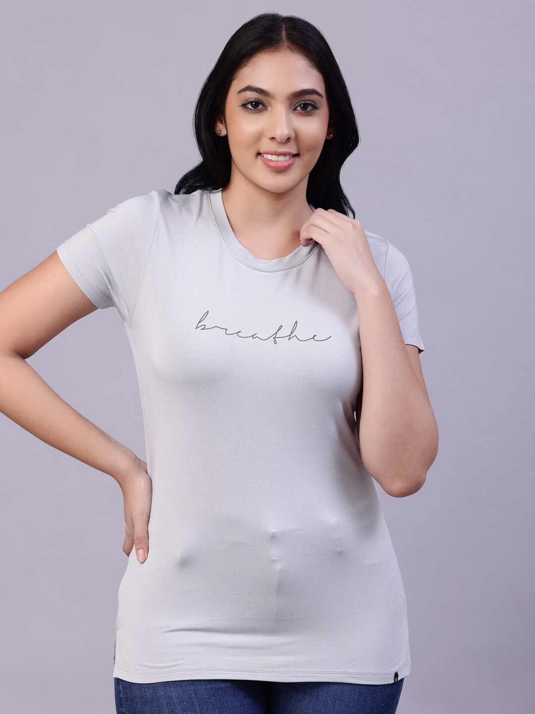 TITTLI Women Grey Typography Printed Round Neck T-shirt