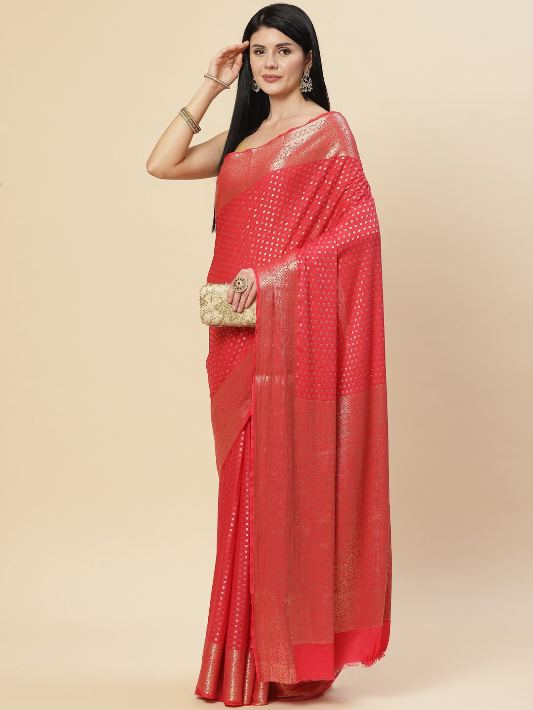 Meena Bazaar Pink Ethnic Motifs Zari Saree