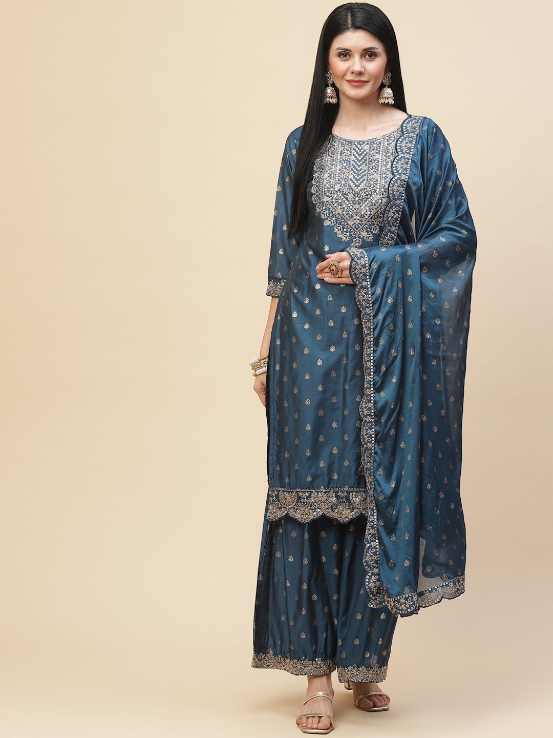 Meena Bazaar Women Teal Floral Embroidered Chanderi Silk Kurta with Sharara & With Dupatta
Meena Bazaar Women Teal Floral Embroidered Chanderi Silk Kurta with Sharara & With Dupatta