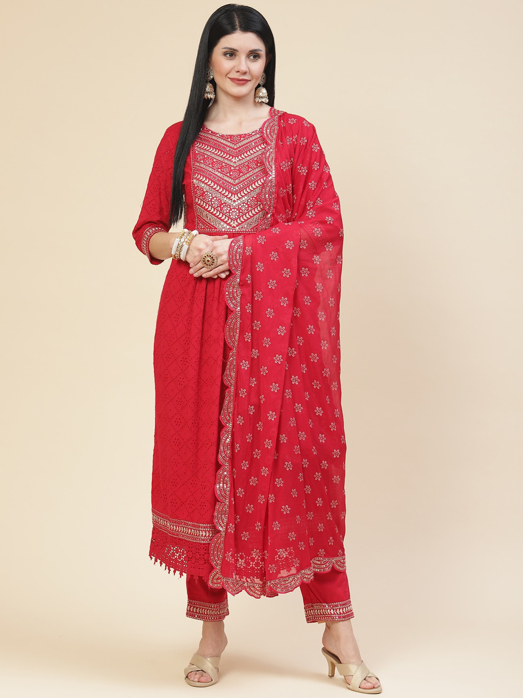Meena Bazaar Women Red Floral Embroidered Sequinned Kurta with Trousers & With Dupatta
Meena Bazaar Women Red Floral Embroidered Sequinned Kurta with Trousers & With Dupatta