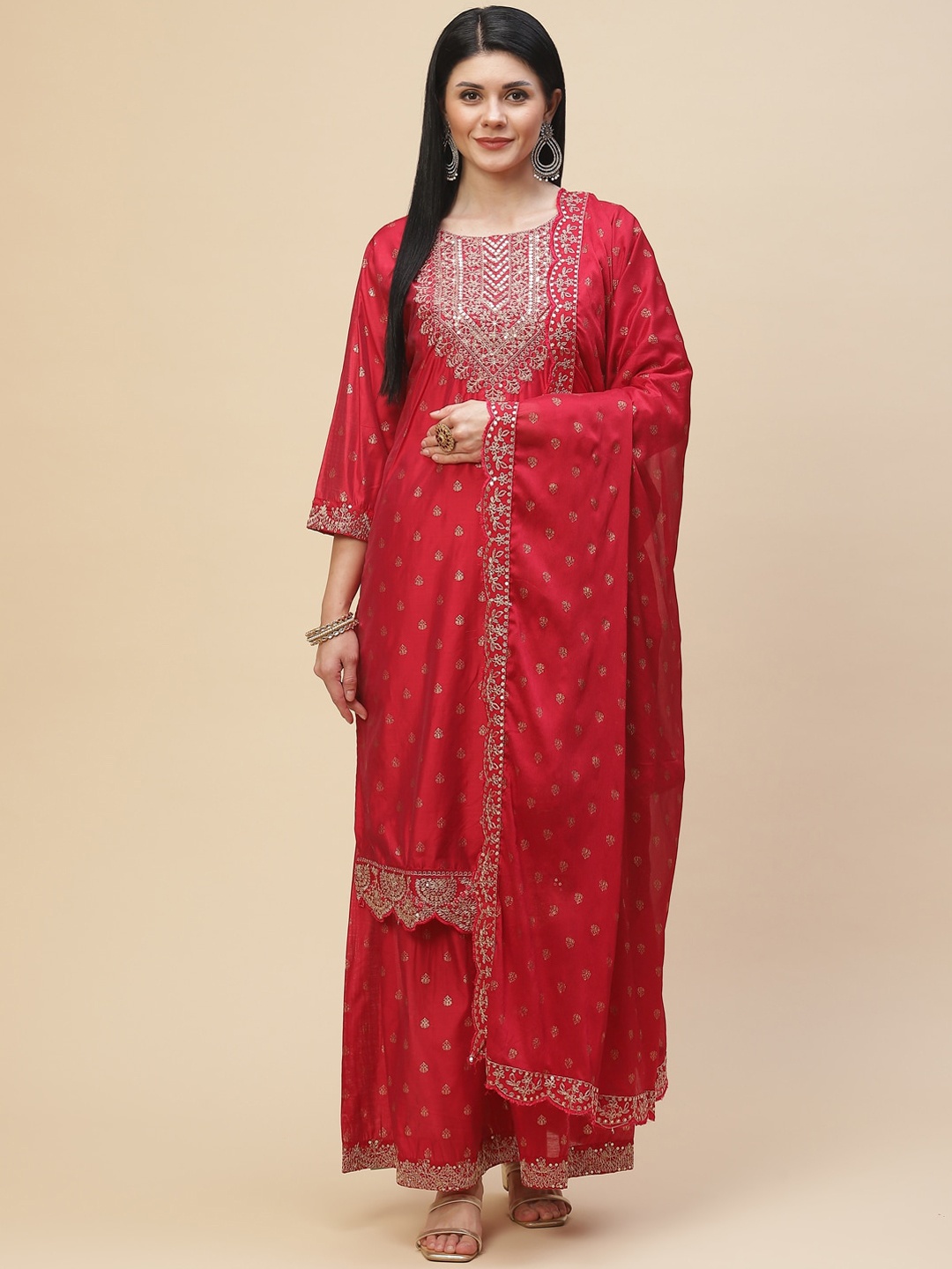 Meena Bazaar Women Maroon Embroidered Chanderi Silk Kurta with Sharara & With Dupatta
Meena Bazaar Women Maroon Embroidered Chanderi Silk Kurta with Sharara & With Dupatta