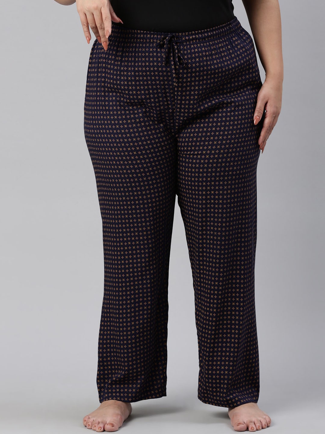 Go Colors Women Navy Blue & Brown Printed Relaxed-Fit Lounge Pants, Black