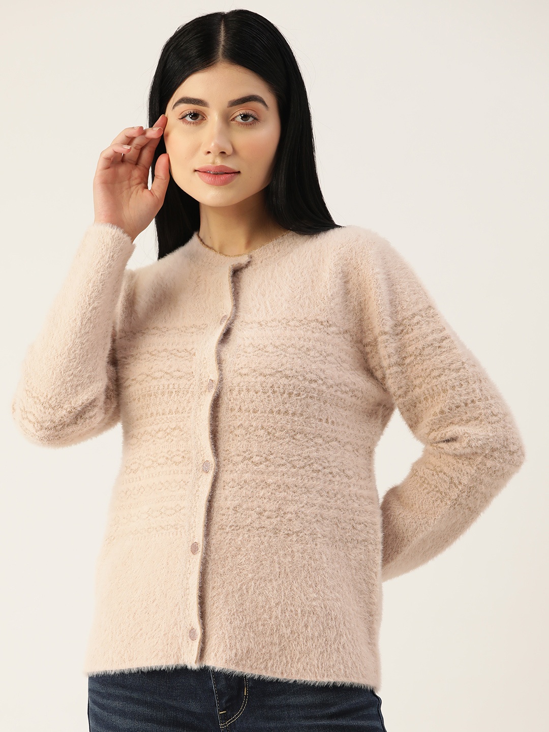 Madame Women Peach-Coloured Self Design Cardigan