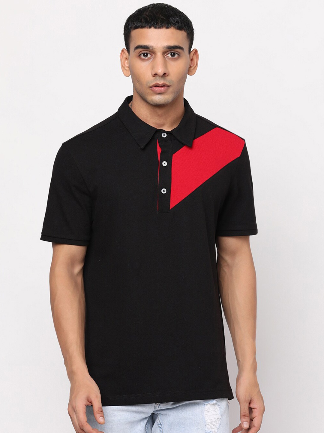 YOONOY Men Black Polo Collar Slim Fit T-shirt