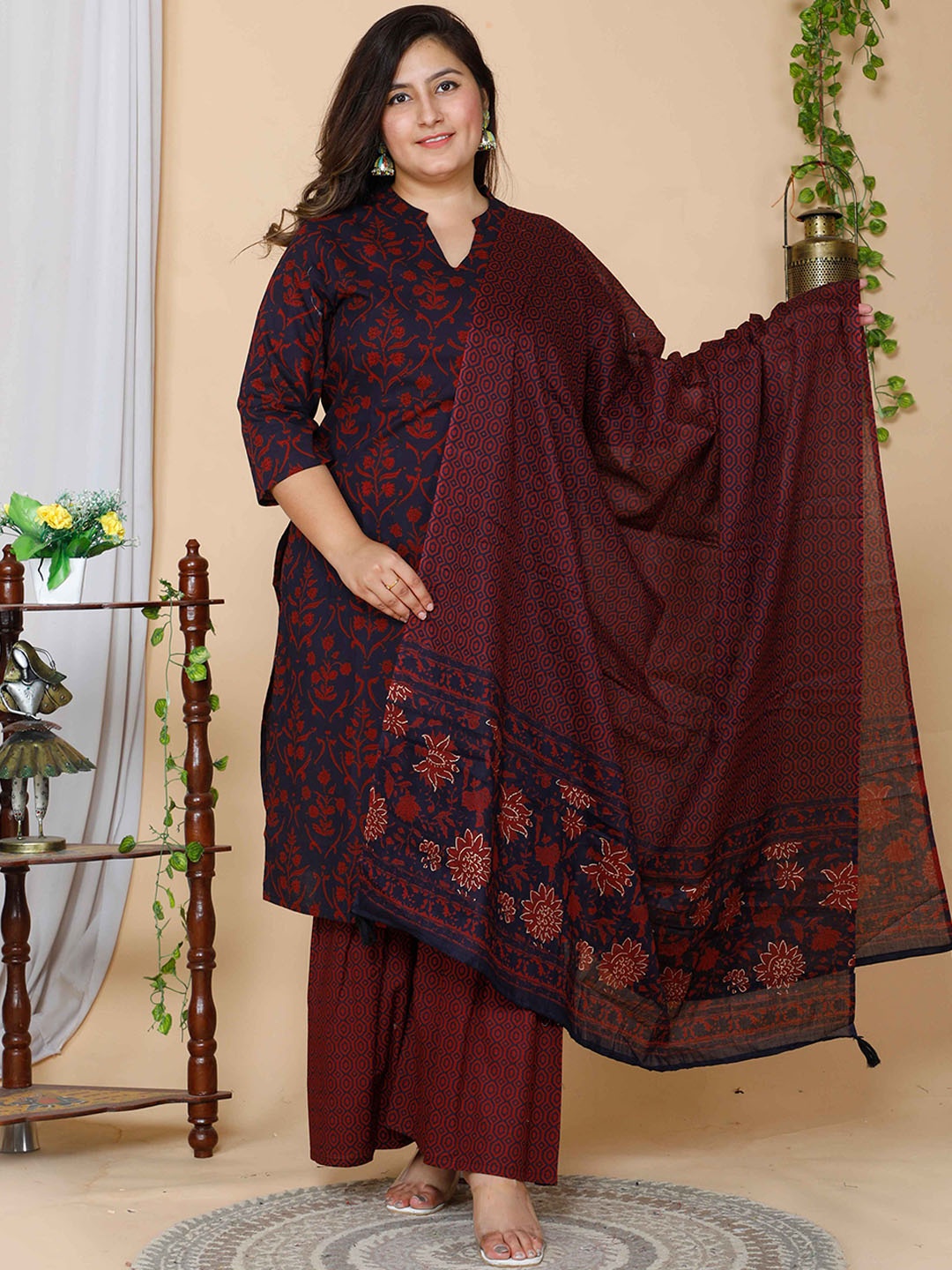 MIRAVAN Women Plus Size Maroon Floral Printed Pure Cotton Kurta with Sharara & With Dupatta
MIRAVAN Women Plus Size Maroon Floral Printed Pure Cotton Kurta with Sharara & With Dupatta