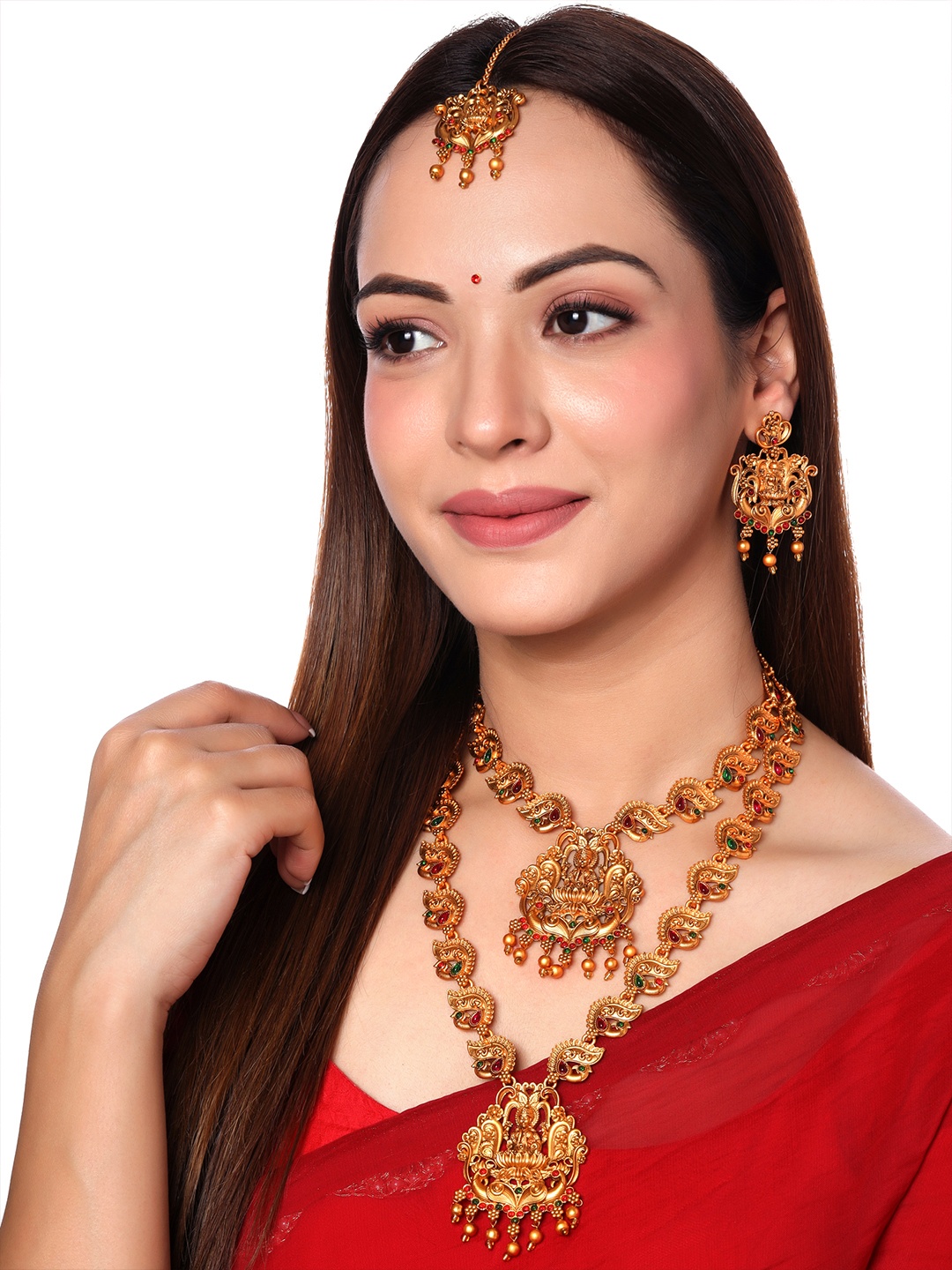 Yellow Chimes Women Green & Red Gold-Plated Stone-Studded Lakshmi Temple Jewellery Set
Yellow Chimes Women Green & Red Gold-Plated Stone-Studded Lakshmi Temple Jewellery Set