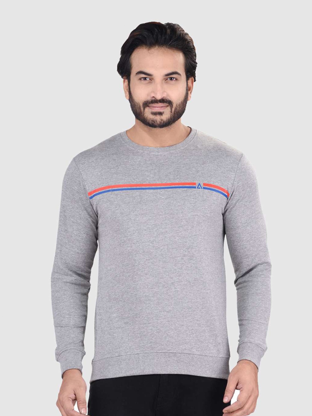 ACTIMAXX Men Grey Melange Striped Cotton Sweatshirt