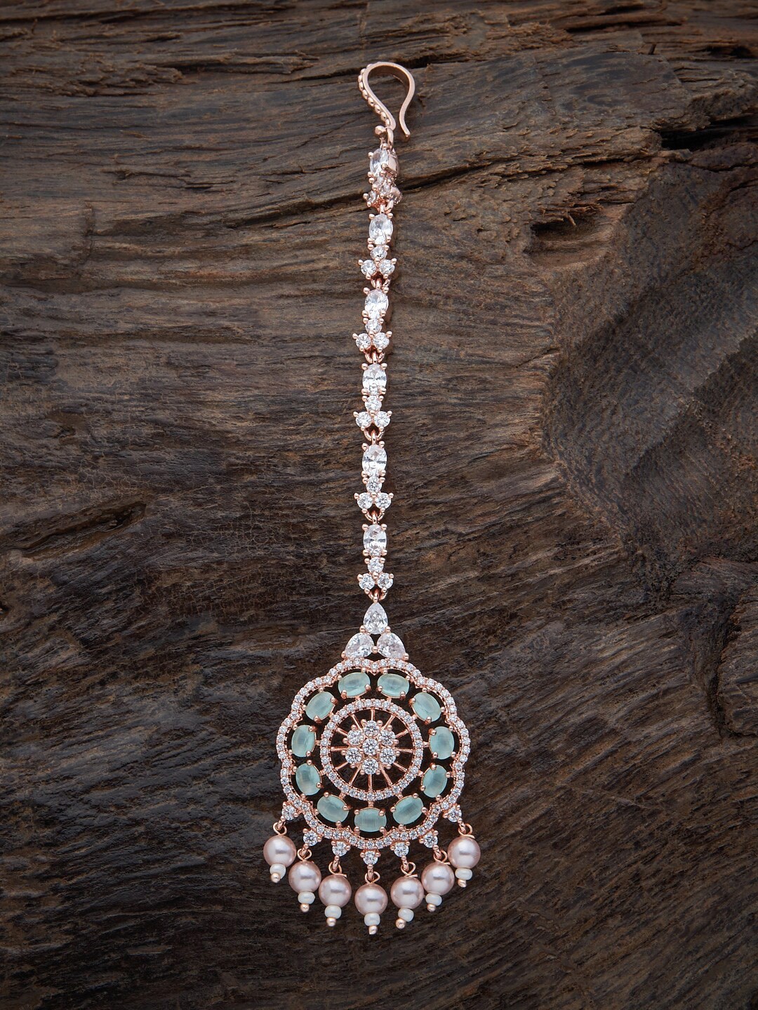 Kushal's Fashion Jewellery Rose Gold-Plated Sea-Green & White Stone-Studded & Beaded Maang Tikka
Kushal's Fashion Jewellery Rose Gold-Plated Sea-Green & White Stone-Studded & Beaded Maang Tikka