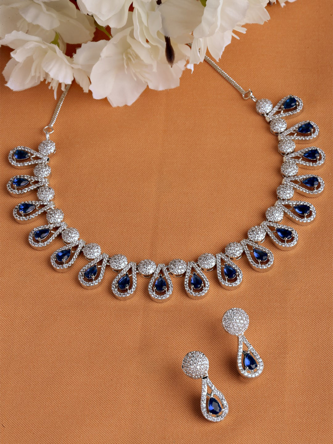 Arrabi White & Blue AD-Studded Silver-Plated Jewellery Set 
Arrabi White & Blue AD-Studded Silver-Plated Jewellery Set