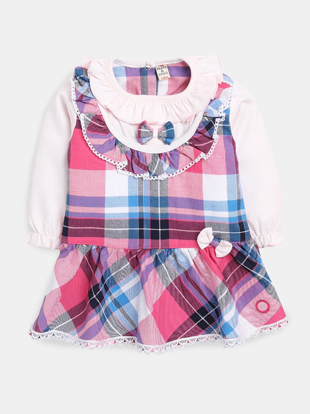 Hopscotch Girls Pink & Blue Cotton Drop-Waist Dress