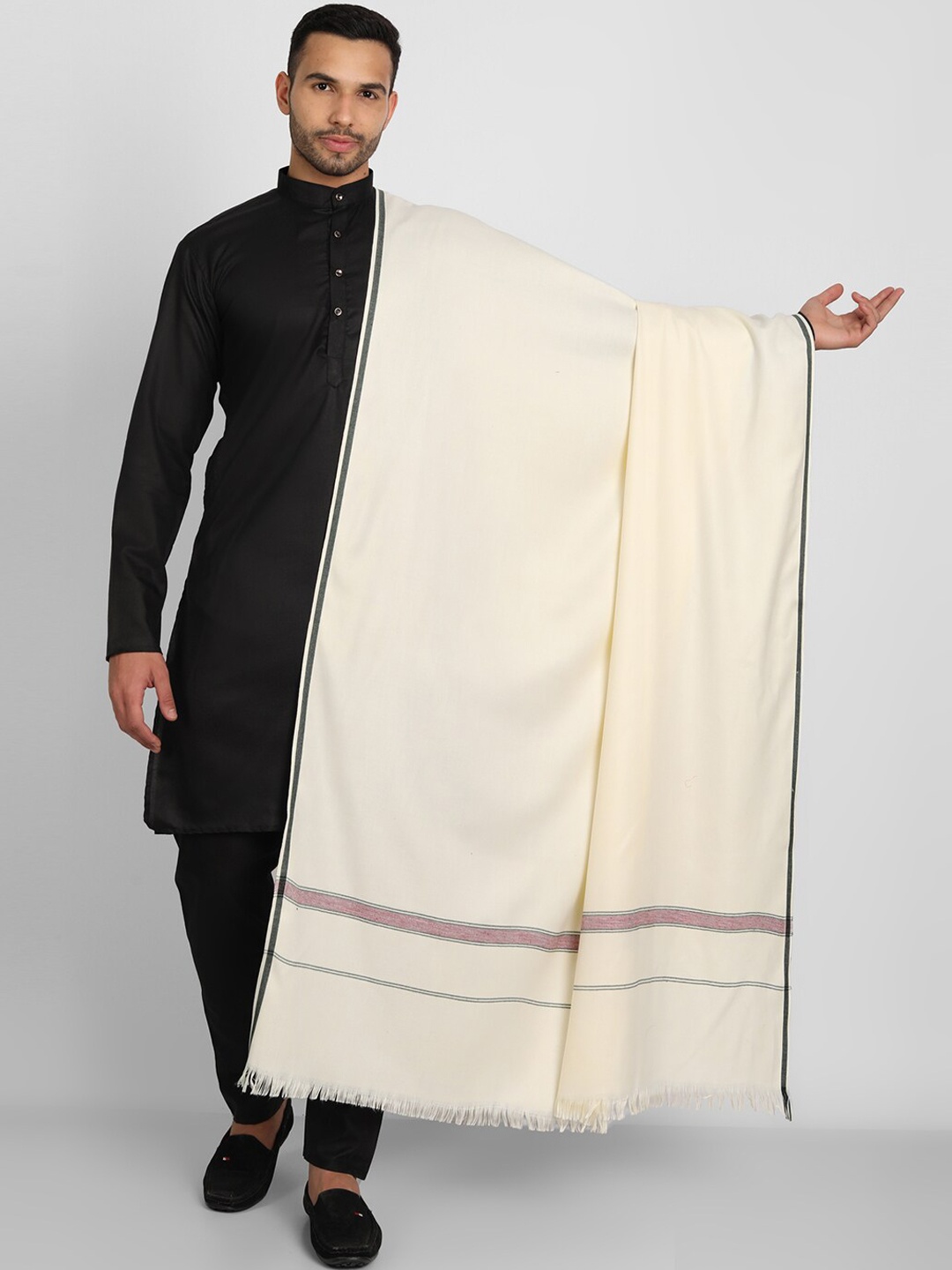 Zamour Men White Solid Woven Shawl