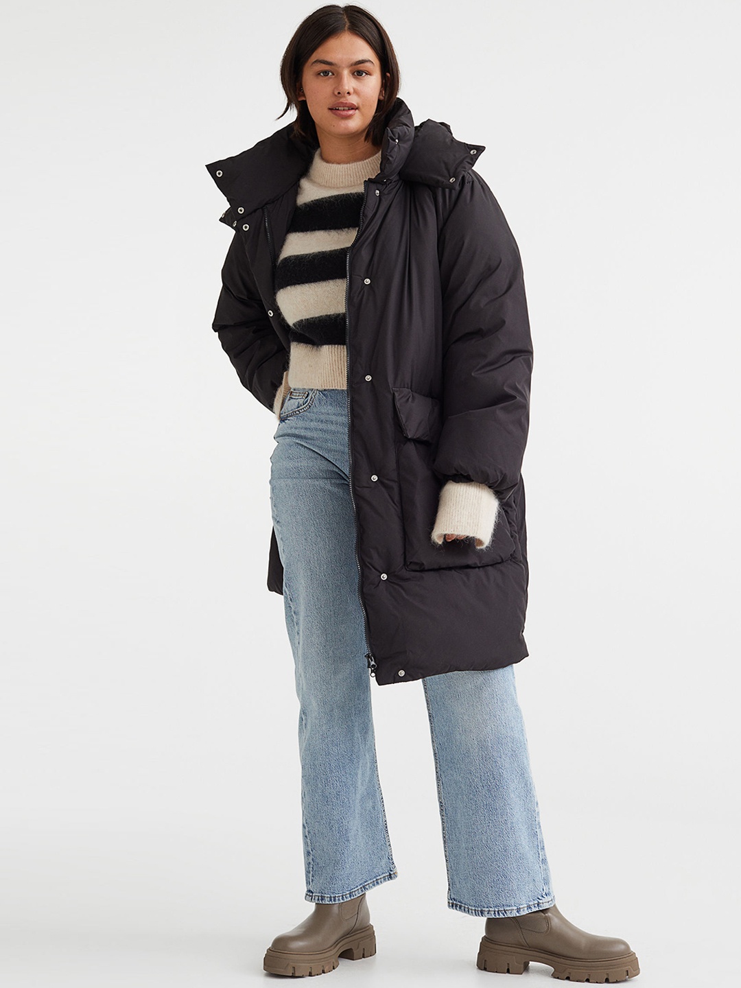 H&M Women Black Hooded Puffer Coat